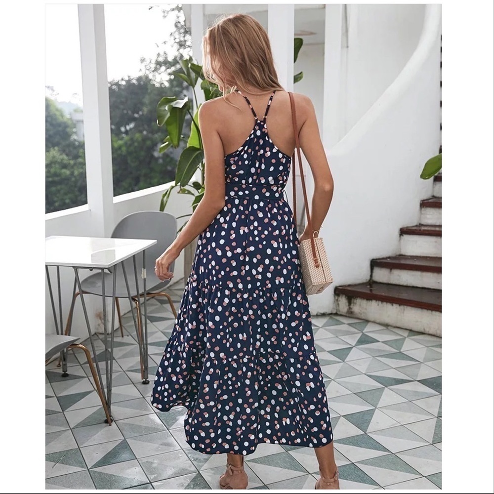 Summer Polka-Dot Long Dress Beach Strapless Casual White Midi Vacation blue - Picture 2 of 7
